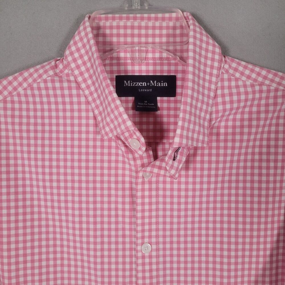 NWOT Mizzen Main Leeward Performance Shirt Men M Pink Plaid Trim Fit No Tuck - Picture 2 of 10